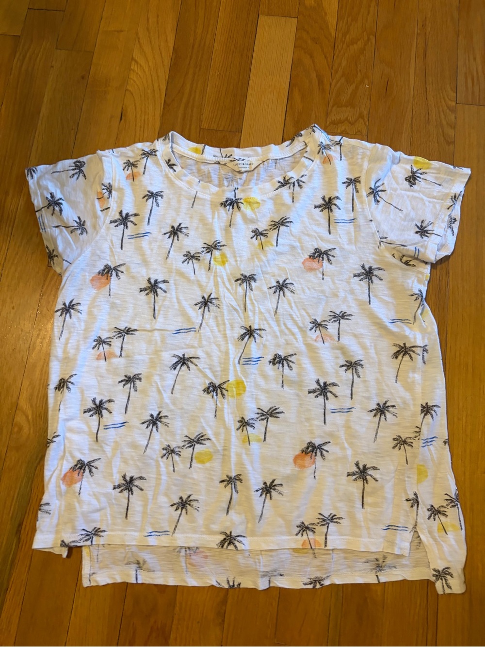 Lucky Brand White Palm Tree Print Short Sleeve Tee with Yellow & Black Accents